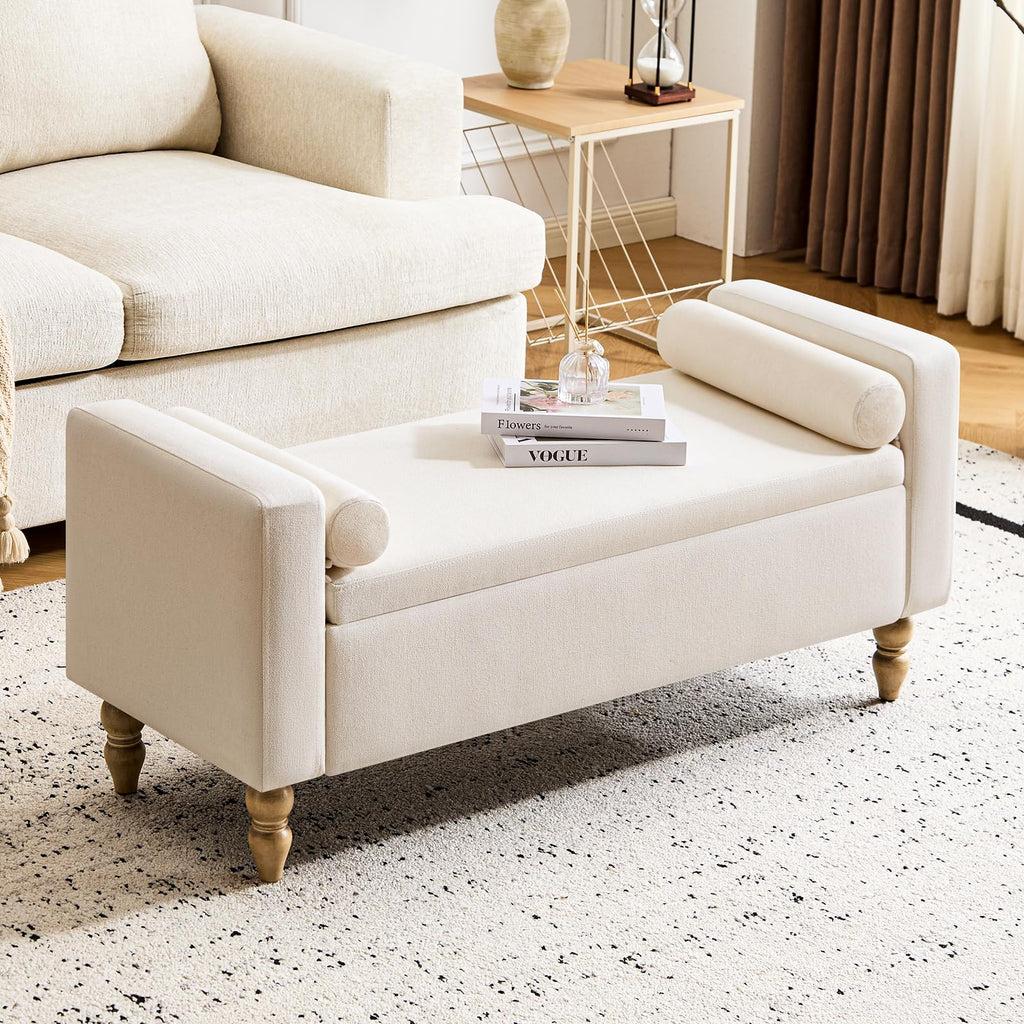 Beige Linen Storage Ottoman Bench N861