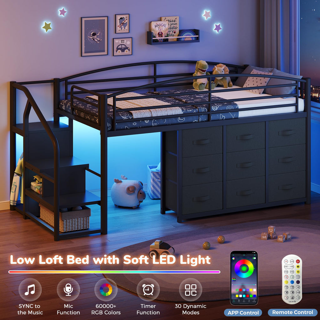 Twin Metal Loft Bed with 9 Storage Drawers and Guardrail X689