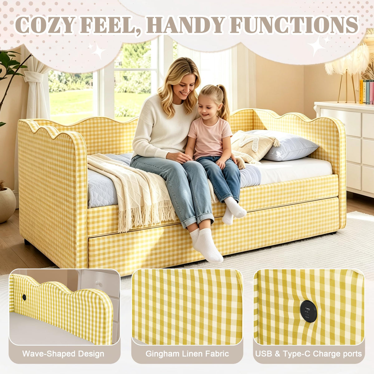 Twin Size Linen Upholstered Daybed with Trundle X7928