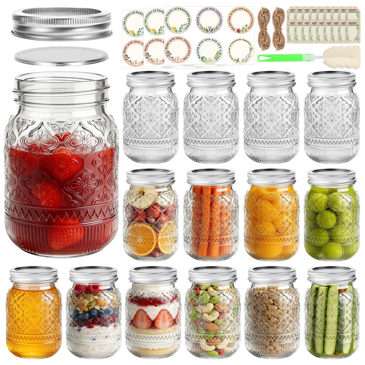 16oz Embossed Mason Jars 15-Pack with Airtight Lids B172