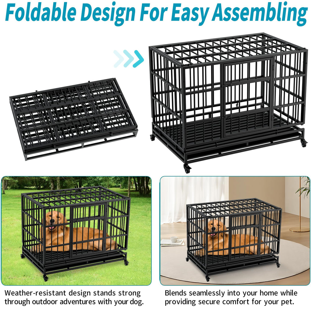 48 Inch Heavy Duty Collapsible Metal Dog Crate with Wheels I485