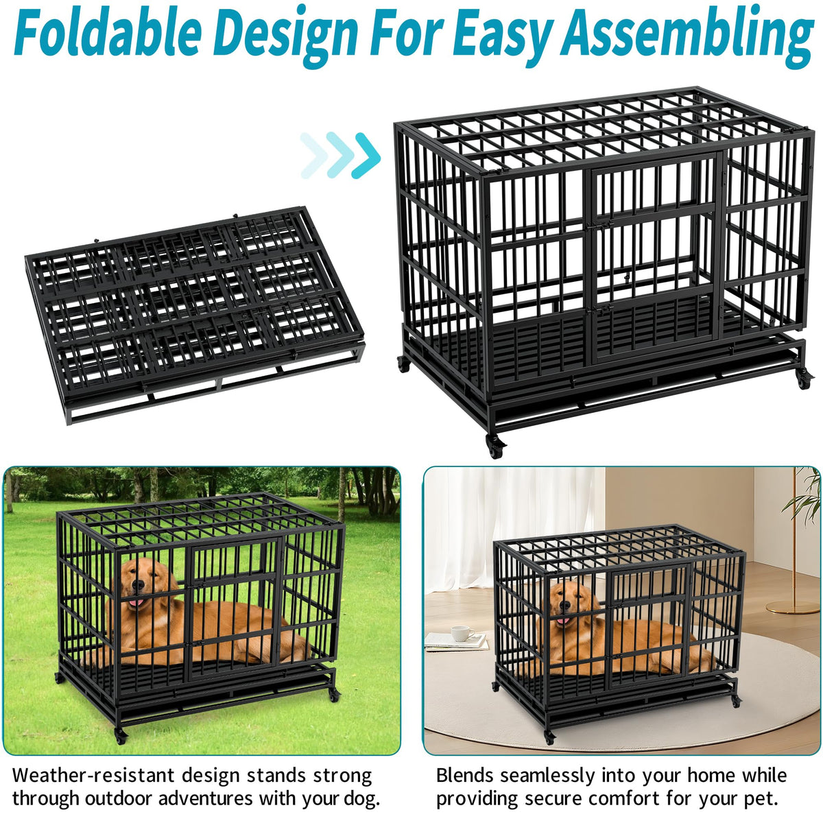 48 Inch Heavy Duty Collapsible Metal Dog Crate with Wheels I485