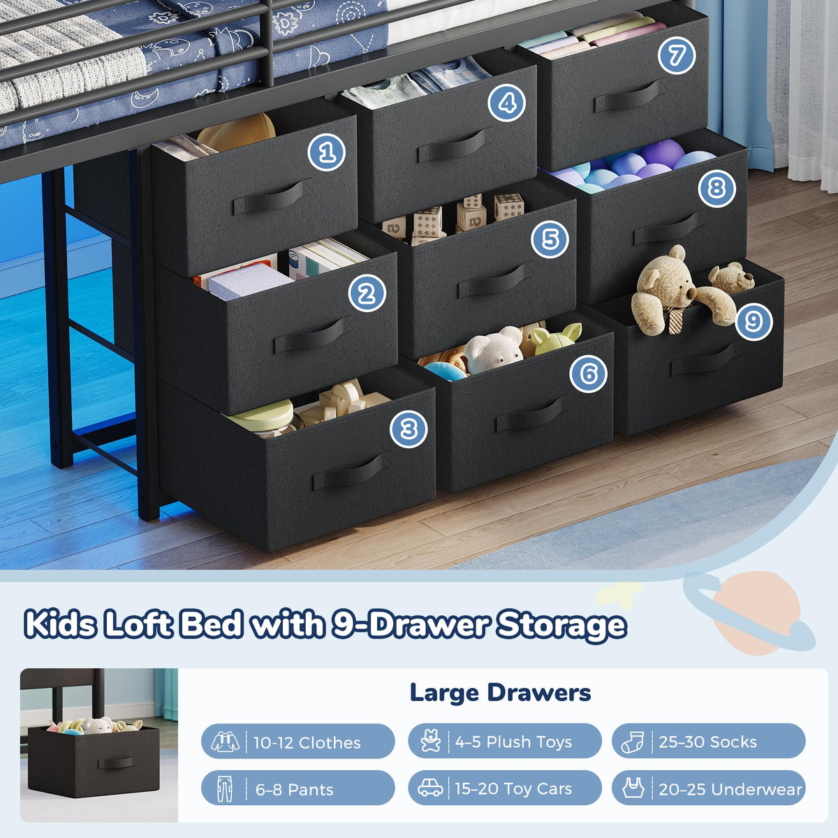 Twin Metal Loft Bed with 9 Storage Drawers and Guardrail X689