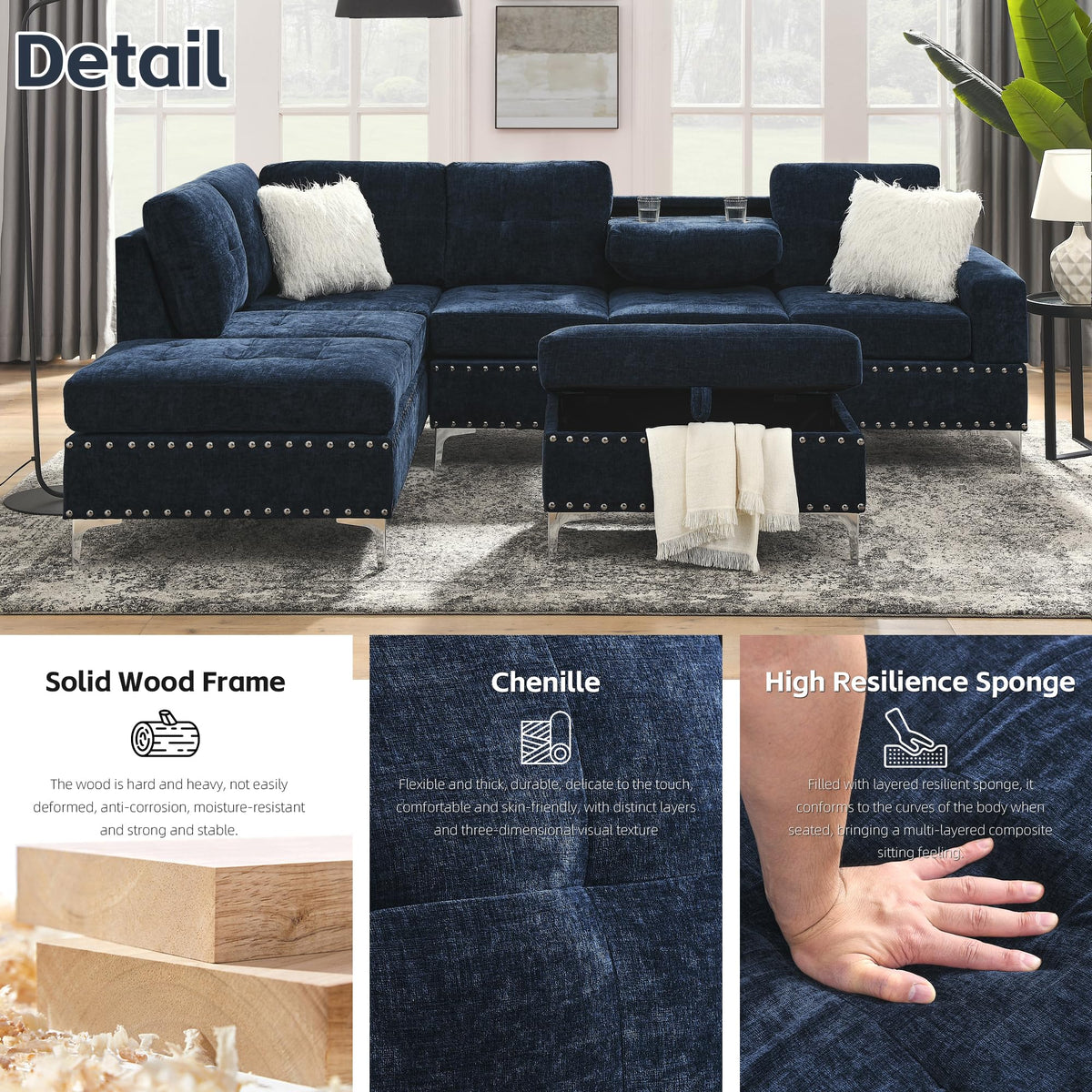 108'' Chenille Navy Blue L-Shaped Sectional Sofa with Storage Ottoman E9823