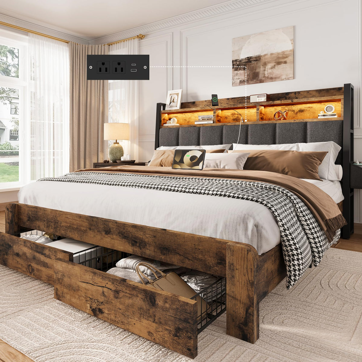 King Size Wood Bed Frame with 2 Storage Drawers L7221