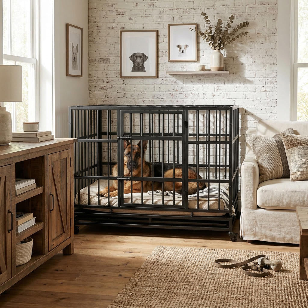 48 Inch Heavy Duty Collapsible Metal Dog Crate with Wheels I485