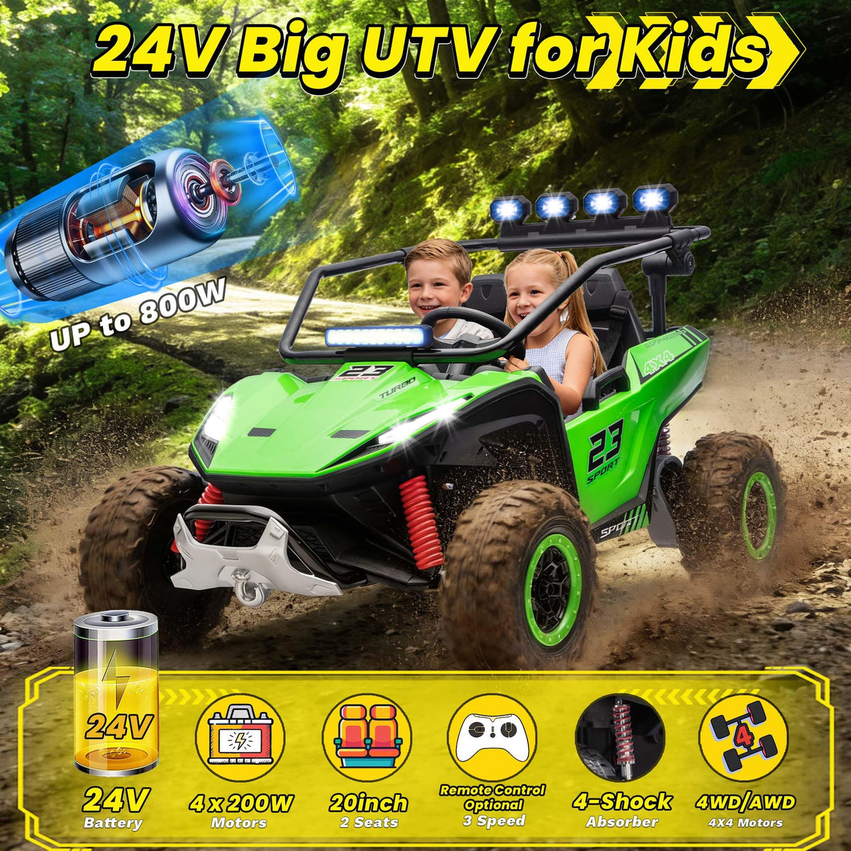 2-Seater Kids UTV with 4x200W Motor, 3-6MPH, Green U785