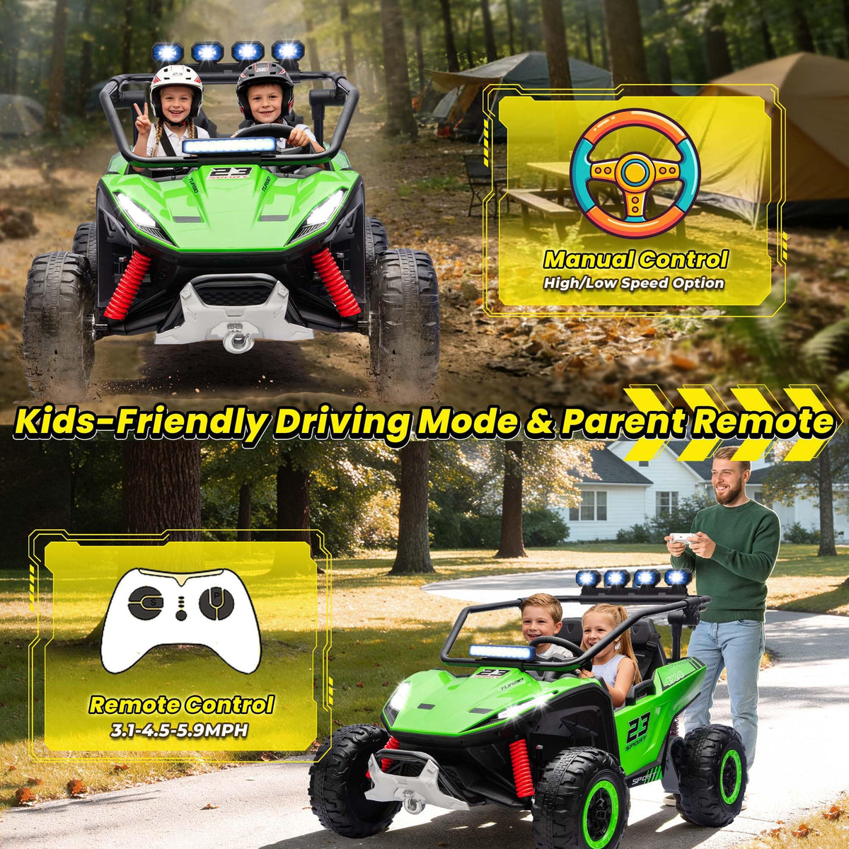 2-Seater Kids UTV with 4x200W Motor, 3-6MPH, Green U785