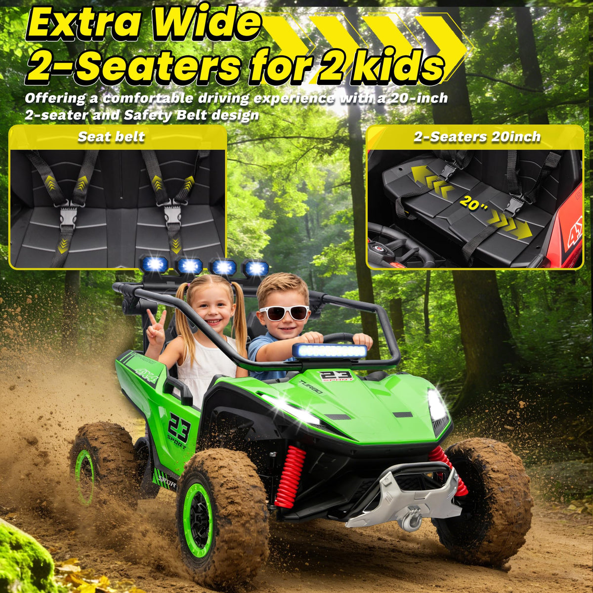 2-Seater Kids UTV with 4x200W Motor, 3-6MPH, Green U785