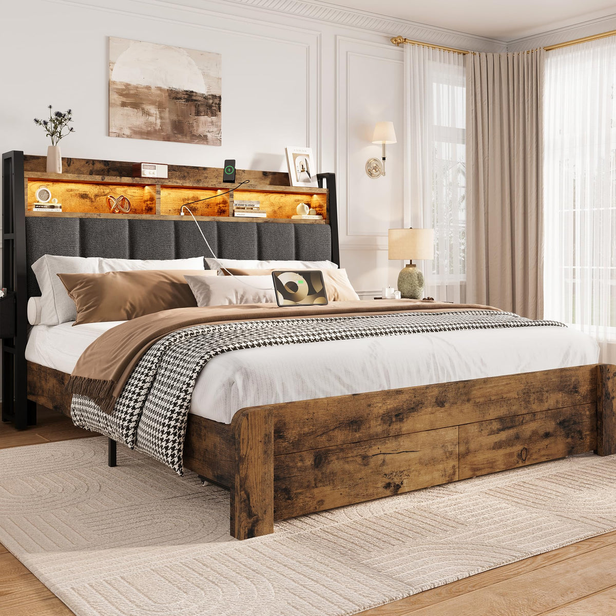 King Size Wood Bed Frame with 2 Storage Drawers L7221