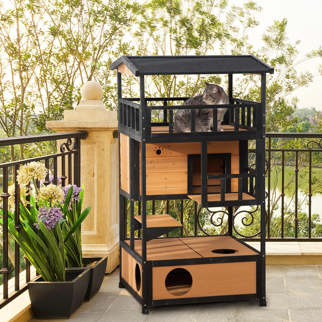 3-Story Wooden Outdoor Cat House with Raised Floor G13303