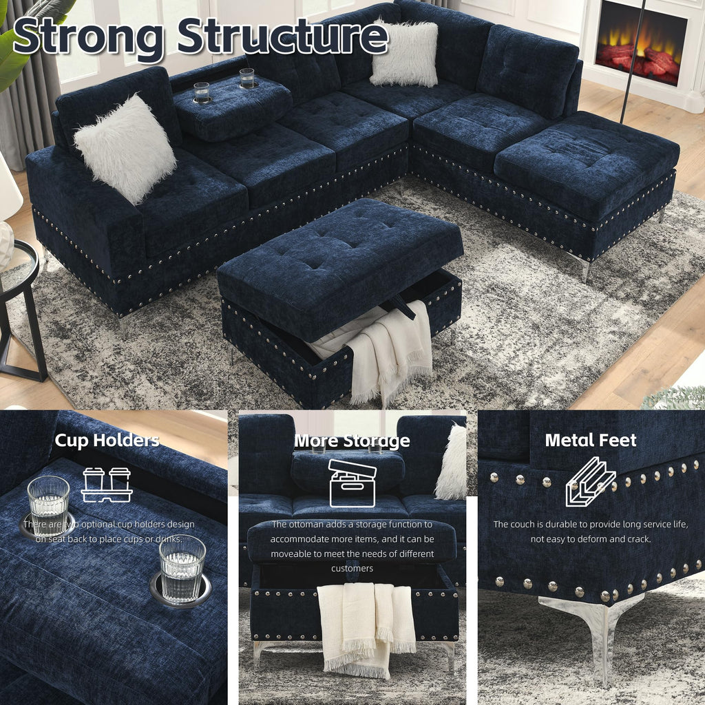 108'' Chenille Navy Blue L-Shaped Sectional Sofa with Storage Ottoman E9823